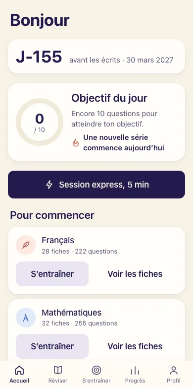 Écran d'accueil de l'appli : compte à rebours avant les écrits, objectif du jour, session express