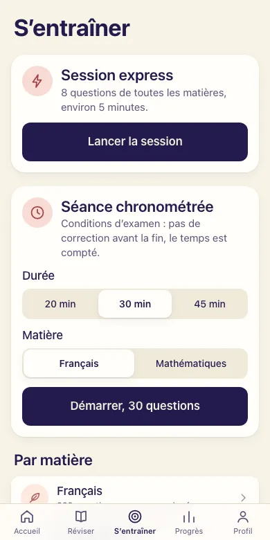 Écran S'entraîner de l'appli : session express et quiz par matière